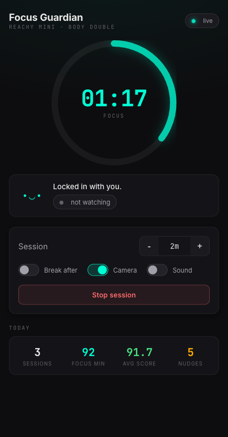 Focus Guardian control panel showing the focus signal ring mid-session